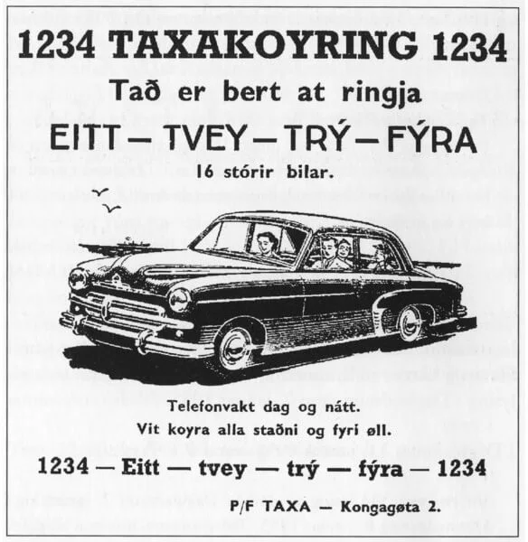 A black-and-white vintage advertisement featuring an old-fashioned taxi service. The ad shows a classic car with passengers inside, alongside the text “1234 TAXAKOYRING” and a contact number. It offers taxi services with 16 large cars, available day and night for travel to various locations.